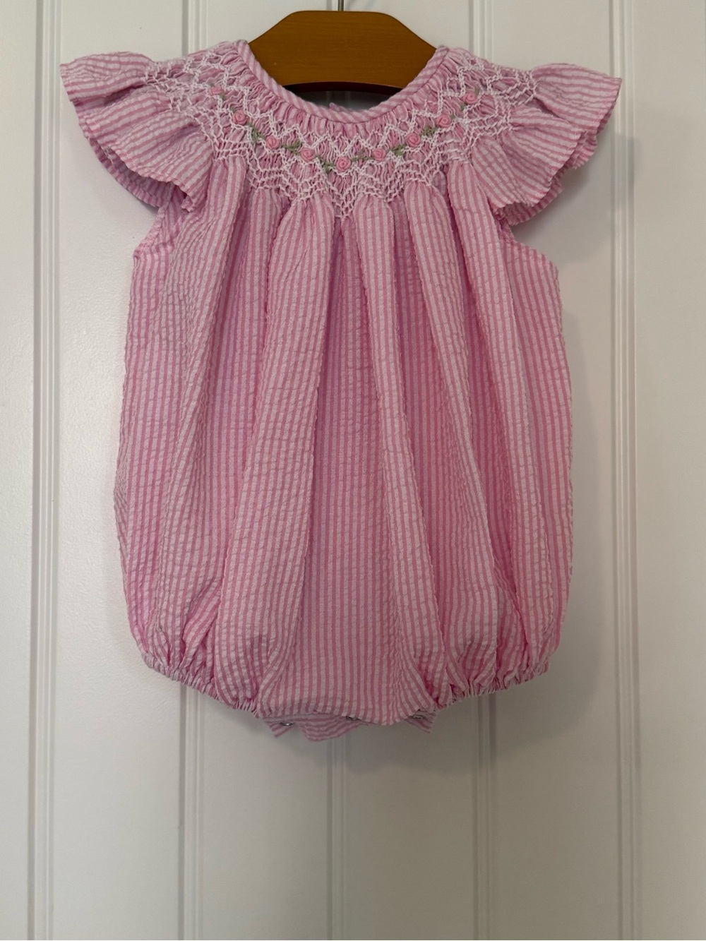 🌸 Sweet Dreams Smocked Bubble Romper Pink Seersucker Size 3M 🌸